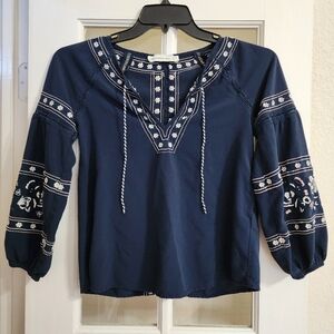 Abercrombie & Fitch Navy Blue Embroidered Boho Peasant Blouse XS